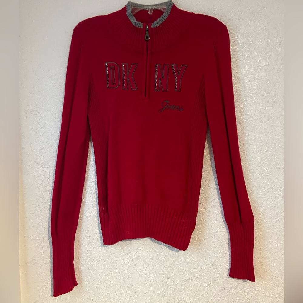 DKNY Red sweater, quarter zip, tight fit, 100% cotton, size Medium